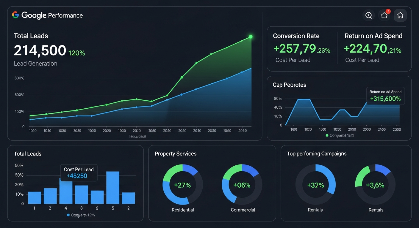 Google Ads performance dashboard showing lead generation growth